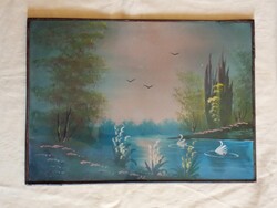 Falikép Tájkép hattyúkkal üvegezett fém képkeret 35x25cm retro 01