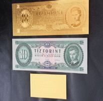 Certifikációval, aranyozott 10 forint bankjegy, replika, és a modellje