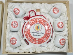 Retro régi Hollóházi Porcelán Csepel Sport Club kulacs 6 db pohár, foci football emléktárgy relikvia