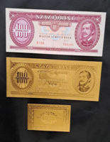 Certifikációval, aranyozott 100 forint bankjegy, replika, és a modellje