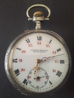 Ritka Francia Alfred Magnin Besancon Silver Pocket Watch Ezüst,Aranyozott 24 Órás Zsebóra,Óra.