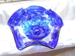 Vastag, súlyos  üveg asztalközép , kínáló tál- kék több árnyalatában-(huta