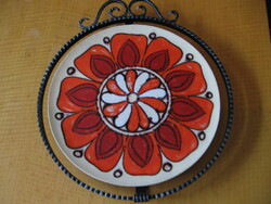 Retro WMF mandala virágos kerámia tál kovácsoltvas keretben, falidísz