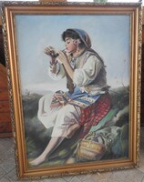 Ferenc Barcsai - Pipe-smoking Gypsy girl - signed oil / canvas painting - large size