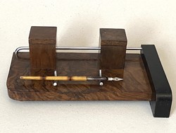 ANTIK FESTETT FA BAUHAUS ÍRÓASZTALI TOLLTARTÓ FÉM TINTATARTÓKKAL