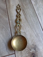 Szép régi réz szedőkanál (Love Spoon, 25,5x6,5 cm)