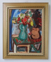 Miklós Németh(1934-2012): Hokedlis still life. Signed, early oil painting.