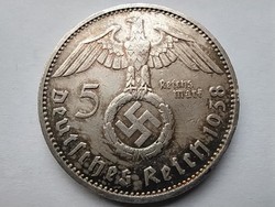 Németország Horogkeresztes .900 ezüst 5 birodalmi márka 1938 F