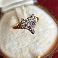 Victorian era 18k gold rose cut diamond and ruby fox ring