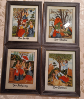 OLD 4 PCS, HAND-PAINTED GLASS PICTURE IN WOOD FRAME - FOUR SEASONS (11)