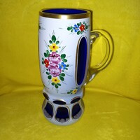Gyönyörű, többrétegű, hántolt, biedermeier stílusú, üveg pohár, kehely, korsó,díszüveg.