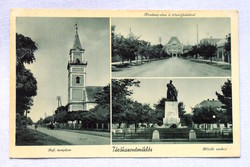 Törökszentmiklós - régi mozaik fotó képeslap - 1942  ref templom, Hősők szobra , Községháza