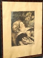 Csók István Báthory Erzsébet régi színezett rézkarc