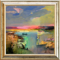 Budai László: Alkonyati halászat - keretezve: 50x50 cm - alkotás mérete: 40x40cm - 24/901F