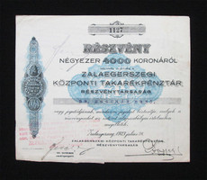 Zalaegerszegi Központi Takarékpénztár részvény 4000 korona 1923 - Zalaegerszeg