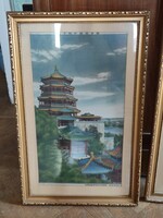 Chinese Pagoda Seascape Fragment Woven Silk Painting in Original Frame