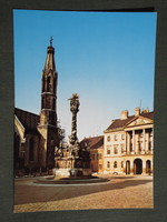 Képeslap,Sopron, Beloiannisz tér,templom,szentháromság szobor látkép,részlet, 1974-