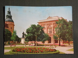 Postcard, Szentes, Kossuth Square, statue, county hall, street, square, park view, fragment, 1971-