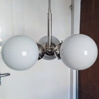 Bauhaus - Art deco 3 karos, nikkelezett csillár felújítva - tejüveg gömb búra