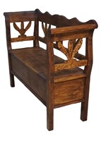 Folk Style Horse Cart Wooden Chest, with Arms, Armchair, and Lid-Opening Storage Bench