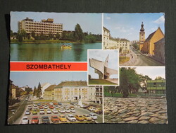 Képeslap,Szombathely,mozaik,Claudius szálló,Római út,emlékmű,templom,tér látkép,részlet, 1980-