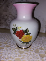 Hollóházi szép rózsamintás, rózsaszín nyakú, szépen aranyozott porcelán váza