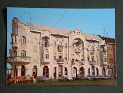 Postcard, Szeged, Art Nouveau house, parking lot, car view, detail, 1981-