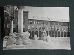 Képeslap,Szeged,Dóm tér,oroszlán szobor oszlop látkép ,részlet, 1957-