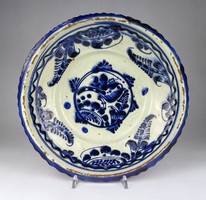 1R317 Antique Transylvanian Tordai Blue and White Clay Plate 31 cm ~1880