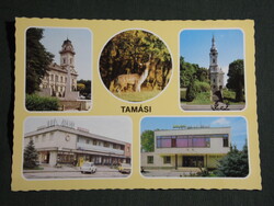Postcard, Tamási, mosaic, school, church, deer, Dám hotel, shopping center, cultural center landscape, detail, 1981-