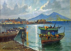 Aldo Pironti: Nápolyi kikötő háttérben a Vezúvval, 1900-as évek első fele