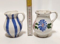 Hollóházi, blue striped, colorful floral pattern white glazed children's ceramic jug 2 pcs (3211)
