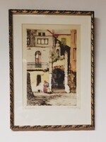 Csillag József (1894-1977) "Bordighera"  utcakép, színezett rézkarc