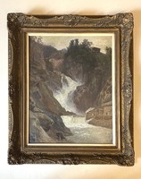 Sándor Brodszky forest rapid stream antique painting in a standing blonde frame