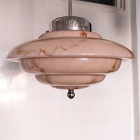 Art deco - Streamline nikkelezett mennyezeti lámpa felújítva - márványozott rózsaszín búra