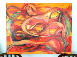 Magyar festő - Bájos Hölgyek olajfestmény 120x95cm -