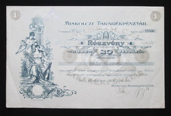 Miskolczi Takarékpénztár részvény 20 pengő 1927 - Miskolc