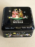 JULIUS MEINL ANTIK FEKETE SZÍNŰ, BÉCSI VÁROSKÉPEKKEL DÍSZÍTETT FÉM DOBOZ
