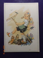 Régi grafikus üdvözlő képeslap, postatiszta, kislány gereblyével- Lotte Oldenburg-Wittig rajz