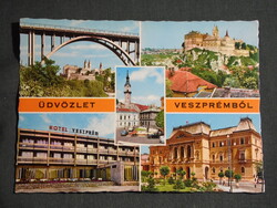 Képeslap,Veszprém,mozaik,Viadukt híd,szálló,hotel,tanácsháza,tér,utca látkép,részlet, 1970-