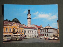 Képeslap,Veszprém,Vörös hadsereg tér,tűztorony,utca,autó, Ikarus busz látkép,részlet, 1974-