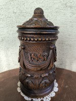 Antique 1887 and Carved Wooden Tobacco Box, a rare and special cylindrical piece.