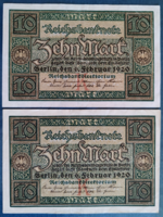 Németország 2 x 10 Márka / Mark 1920, VF+.