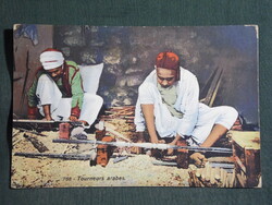 Képeslap,Tourneurs arabes,Tunisian folklore,asztalos,Faeszterga műhely részlet, 1910-