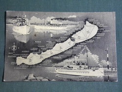 Képeslap,Balaton települések, térképes,hajó, Farnadi Frigyes grafika, 1957
