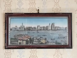 Chinese Life Scene with River and Boats Woven Silk Painting in Original Frame