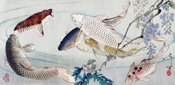 Extra nagy méret 94*46 cm  6 hal a lila akác alatt, antik nyomat, ukiyo e kép reprodukciója