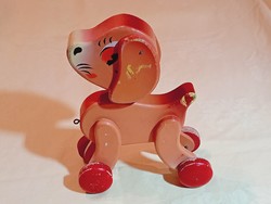 Fa kerekes húzható gurulós játék kis kutya bólogató fejjel retro 17x10x23cm KAJLA