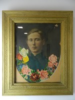1. világháborús fiatal magyar katonatiszt portré / falikép gyönyörű aranyszínű keretben