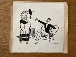 Toncz Tibor eredeti karikatúrája 8,2 x 9,5 cm lapra ragasztva